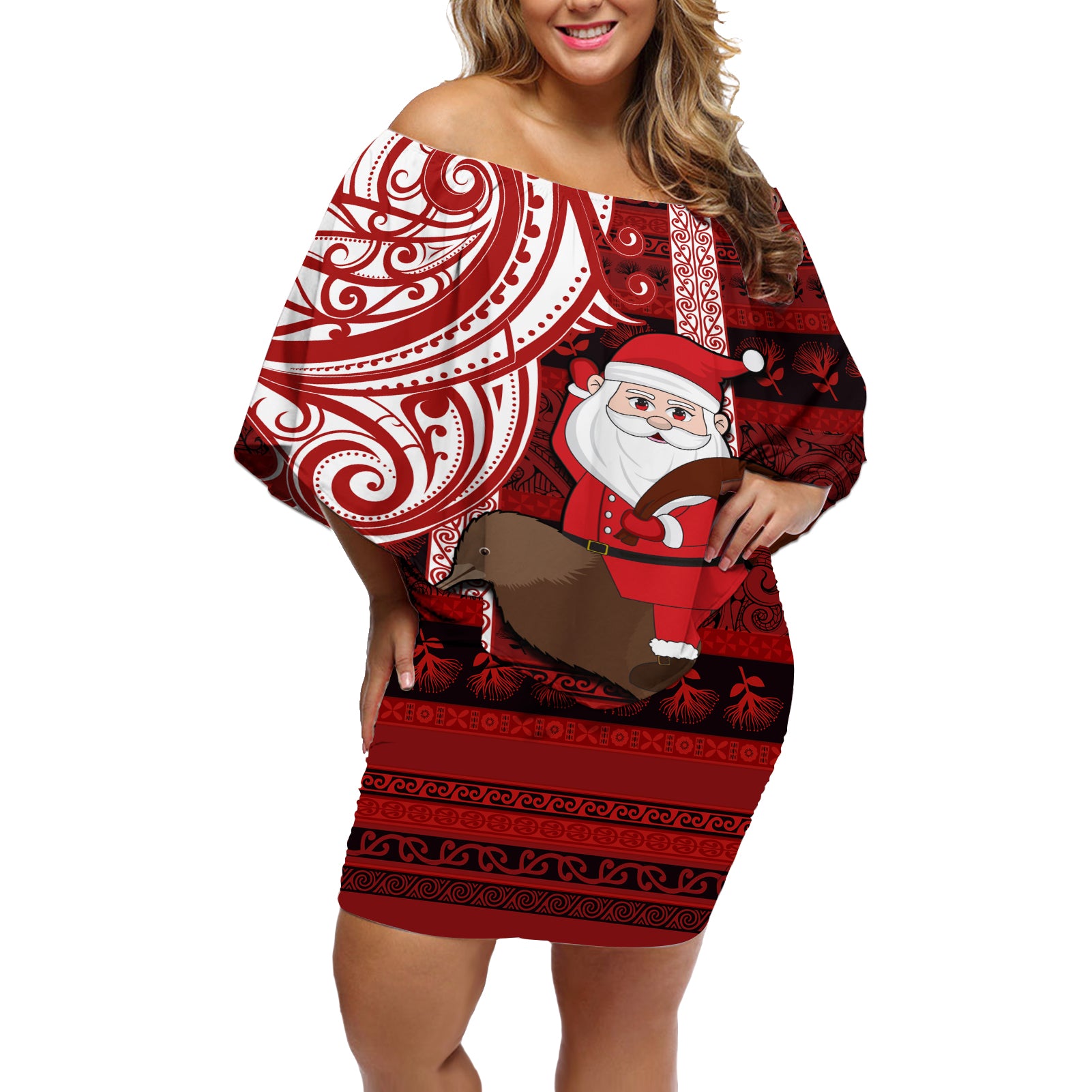 Personalized New Zealand Christmas Off Shoulder Short Dress Santa Claus and Kiwi Bird Maori Tattoo Koru Pattern LT03 Women Red - Polynesian Pride