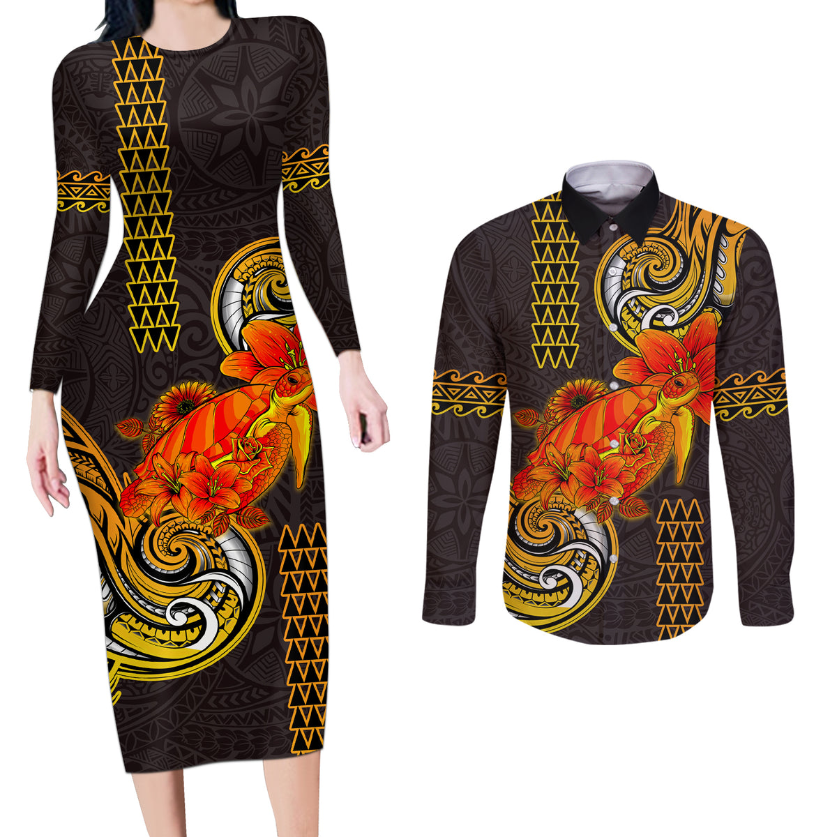 Hawaii Turtle Hibiscus Flower Couples Matching Long Sleeve Bodycon Dress and Long Sleeve Button Shirt Polynesian Tattoo LT03 Black - Polynesian Pride