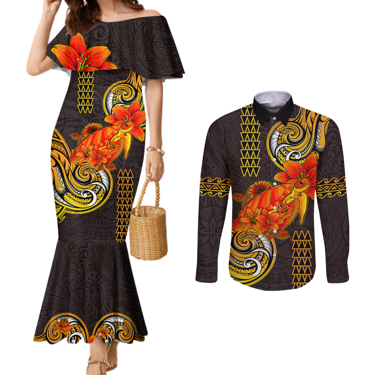Hawaii Turtle Hibiscus Flower Couples Matching Mermaid Dress and Long Sleeve Button Shirt Polynesian Tattoo LT03 Black - Polynesian Pride