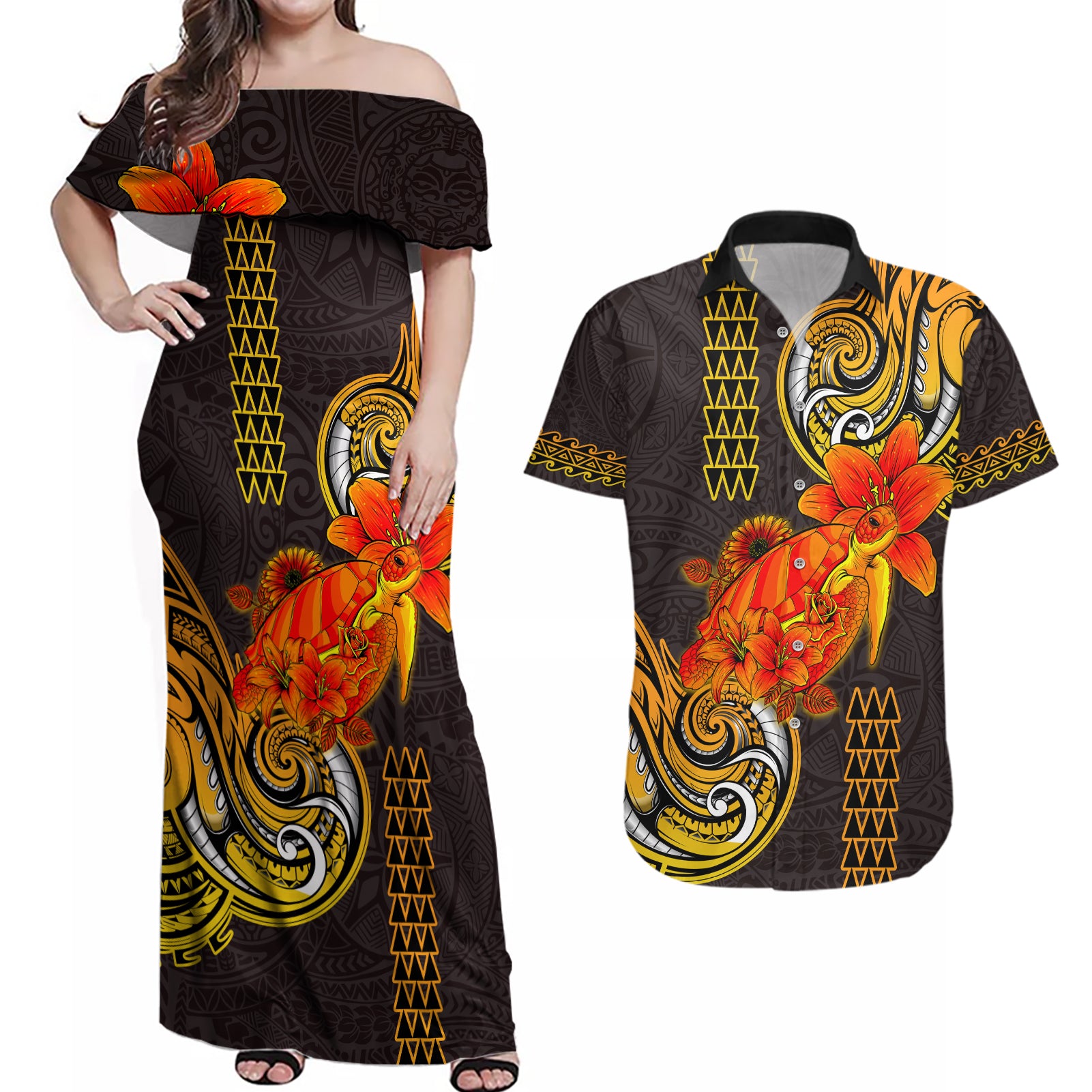 Hawaii Turtle Hibiscus Flower Couples Matching Off Shoulder Maxi Dress and Hawaiian Shirt Polynesian Tattoo LT03 Black - Polynesian Pride