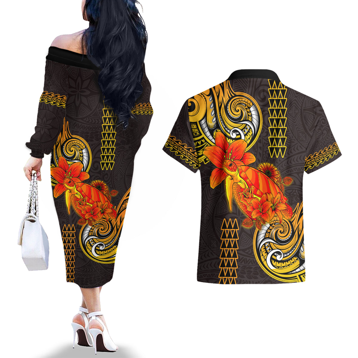 Hawaii Turtle Hibiscus Flower Couples Matching Off The Shoulder Long Sleeve Dress and Hawaiian Shirt Polynesian Tattoo LT03 - Polynesian Pride