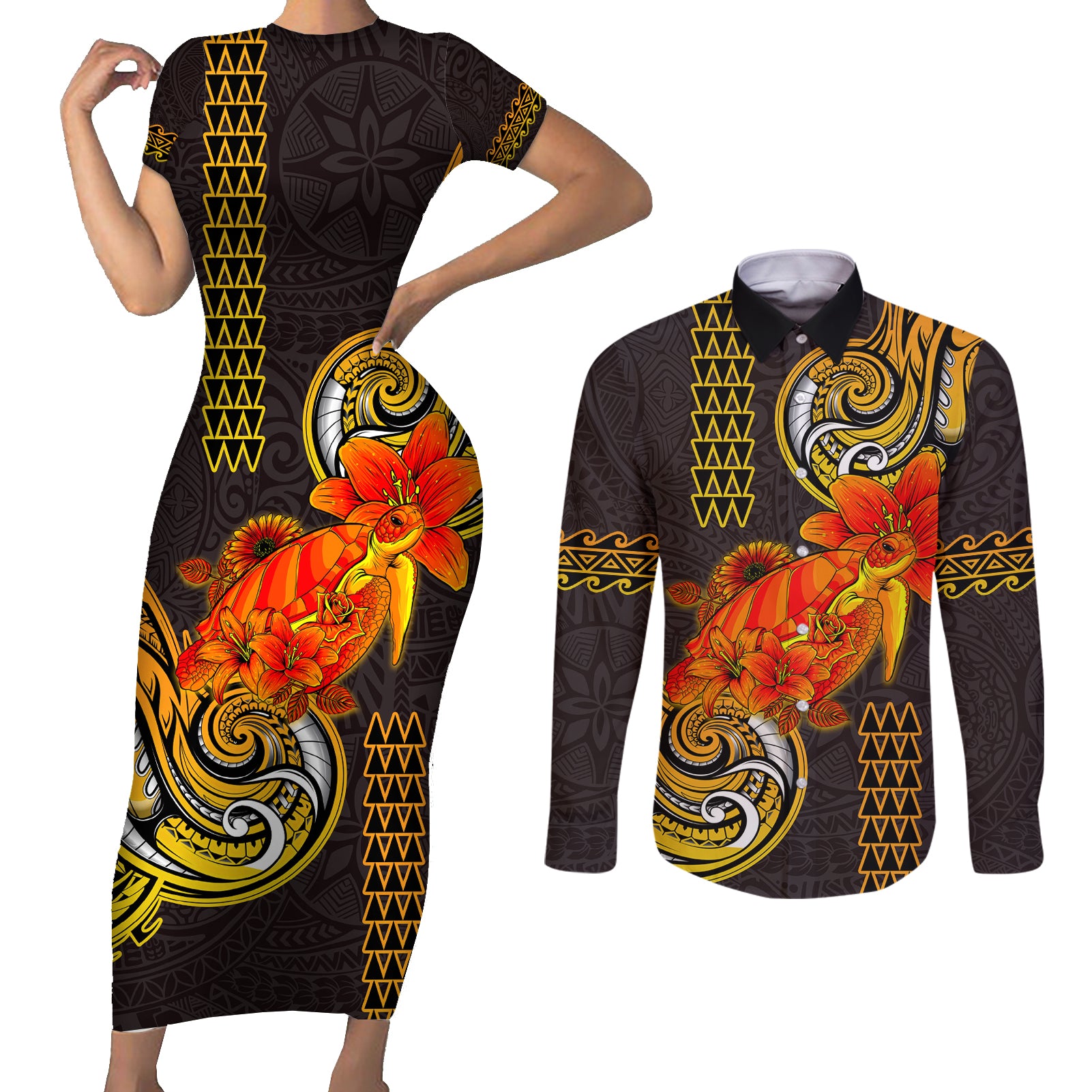 Hawaii Turtle Hibiscus Flower Couples Matching Short Sleeve Bodycon Dress and Long Sleeve Button Shirt Polynesian Tattoo LT03 Black - Polynesian Pride