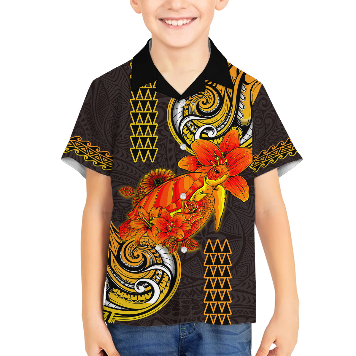 Hawaii Turtle Hibiscus Flower Family Matching Puletasi and Hawaiian Shirt Polynesian Tattoo LT03 Son's Shirt Black - Polynesian Pride