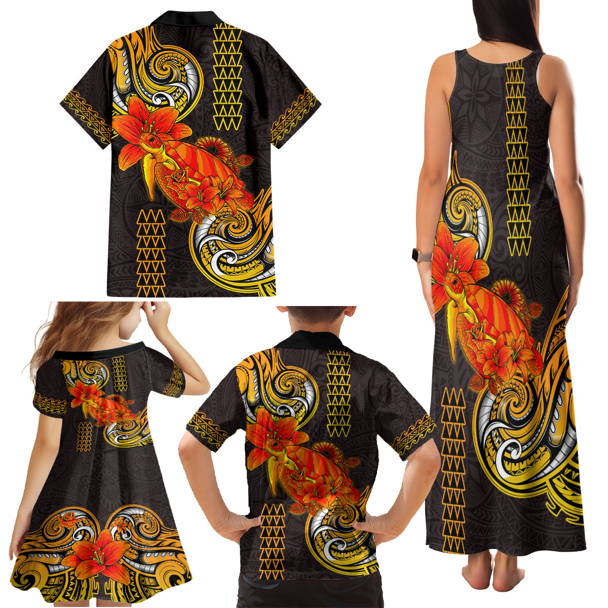 Hawaii Turtle Hibiscus Flower Family Matching Tank Maxi Dress and Hawaiian Shirt Polynesian Tattoo LT03 - Polynesian Pride