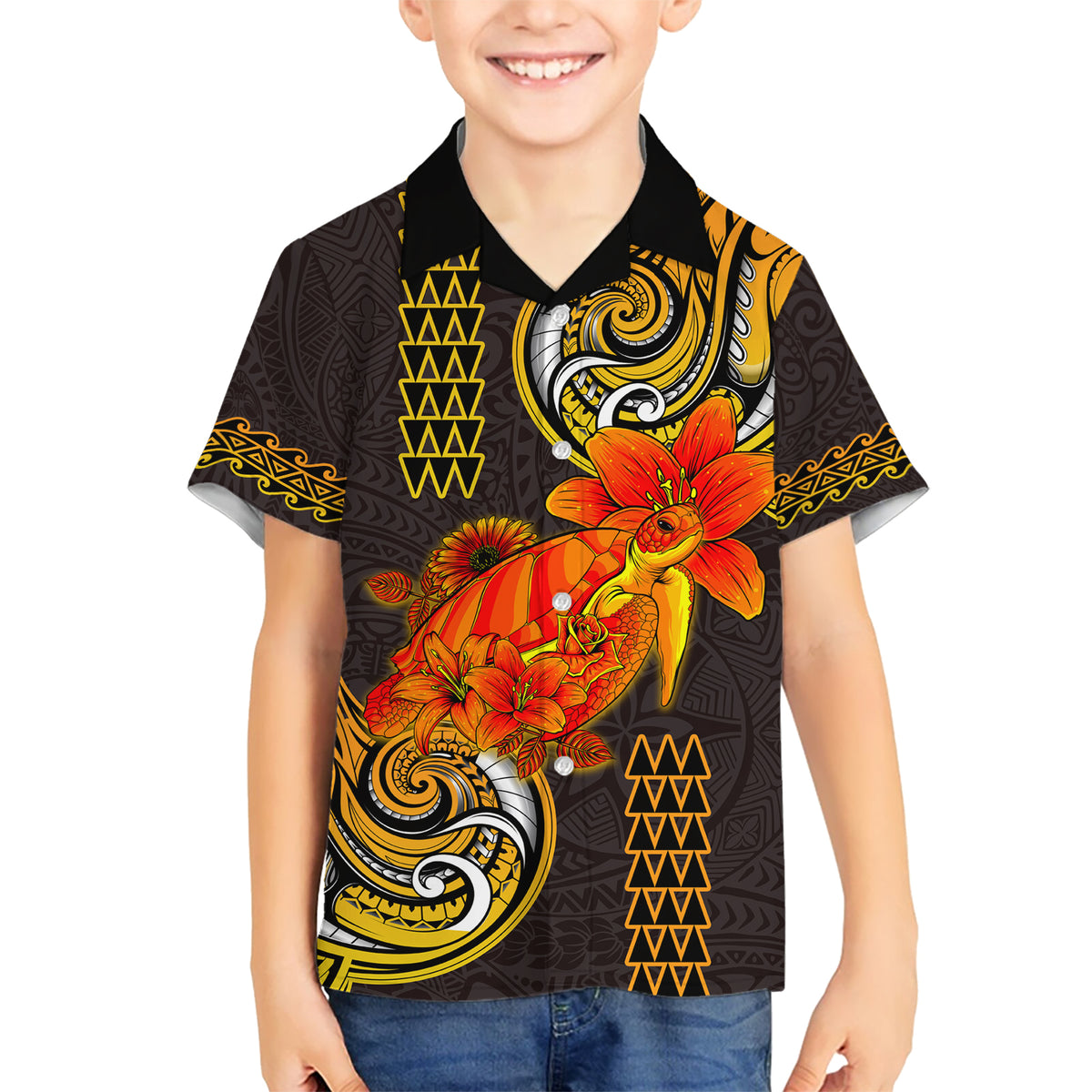 Hawaii Turtle Hibiscus Flower Kid Hawaiian Shirt Polynesian Tattoo LT03 Kid Black - Polynesian Pride