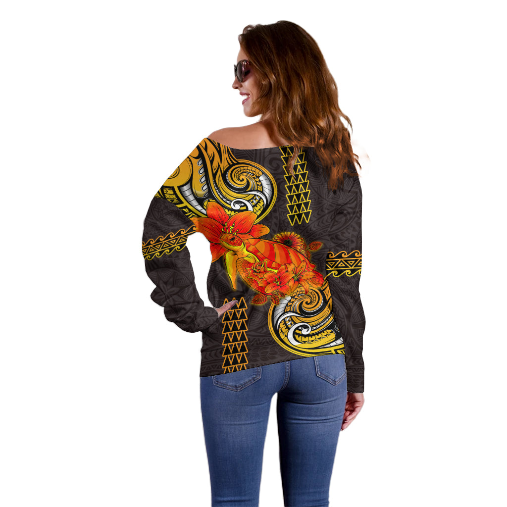 Hawaii Turtle Hibiscus Flower Off Shoulder Sweater Polynesian Tattoo LT03 - Polynesian Pride