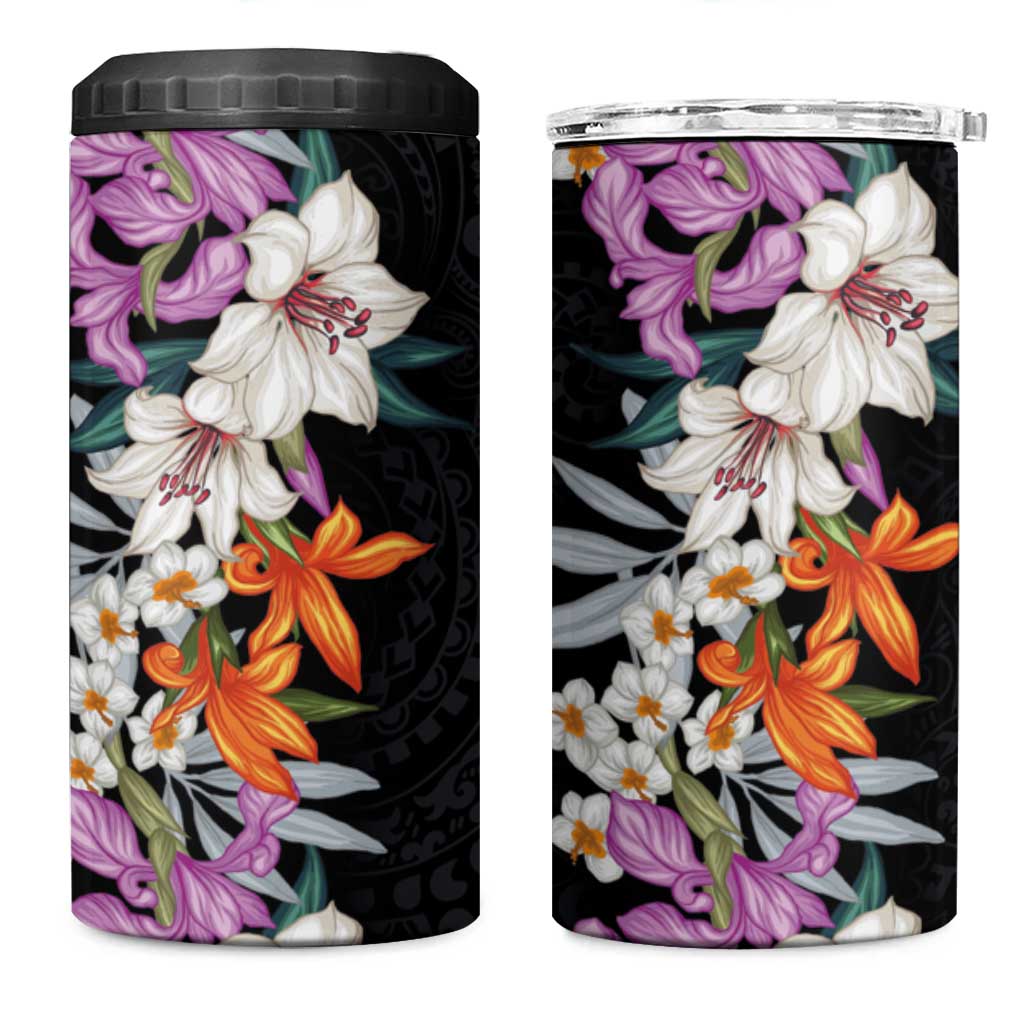 Hawaii Tropical Leaves and Flowers 4 in 1 Can Cooler Tumbler Tribal Polynesian Pattern