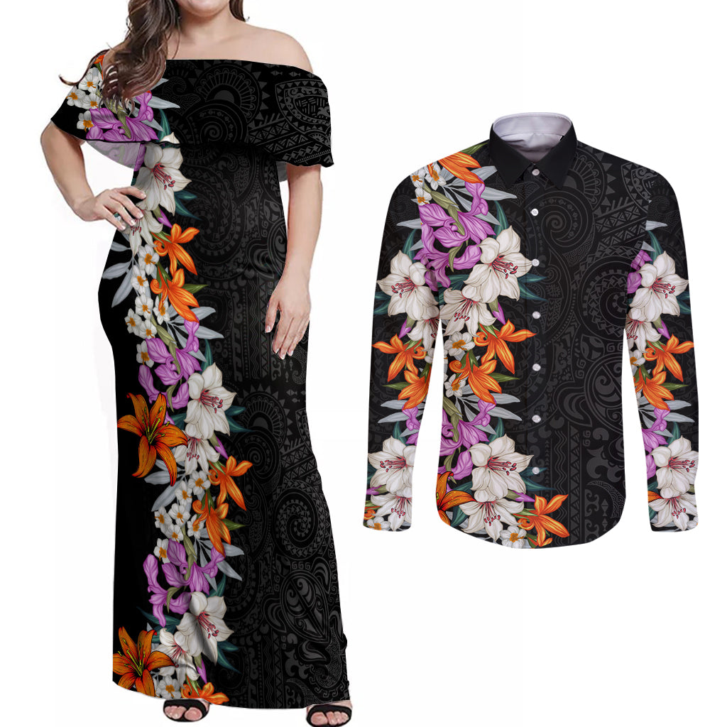 Hawaii Tropical Leaves and Flowers Couples Matching Off Shoulder Maxi Dress and Long Sleeve Button Shirt Tribal Polynesian Pattern LT03 Black - Polynesian Pride