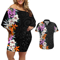 Hawaii Tropical Leaves and Flowers Couples Matching Off Shoulder Short Dress and Hawaiian Shirt Tribal Polynesian Pattern LT03 Black - Polynesian Pride