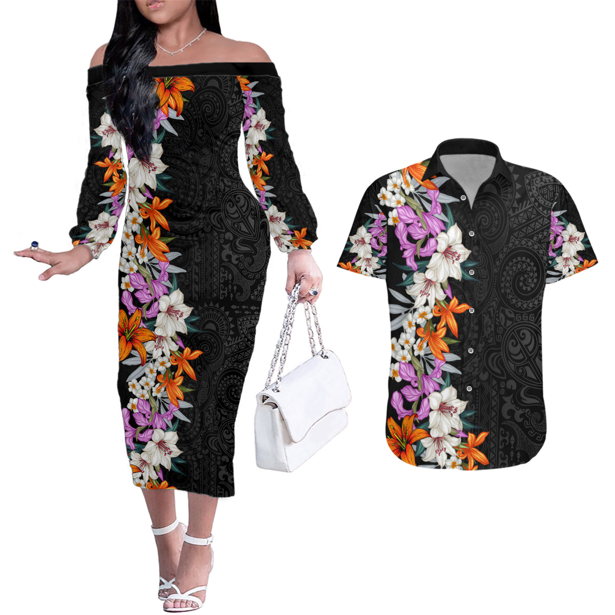 Hawaii Tropical Leaves and Flowers Couples Matching Off The Shoulder Long Sleeve Dress and Hawaiian Shirt Tribal Polynesian Pattern LT03 Black - Polynesian Pride