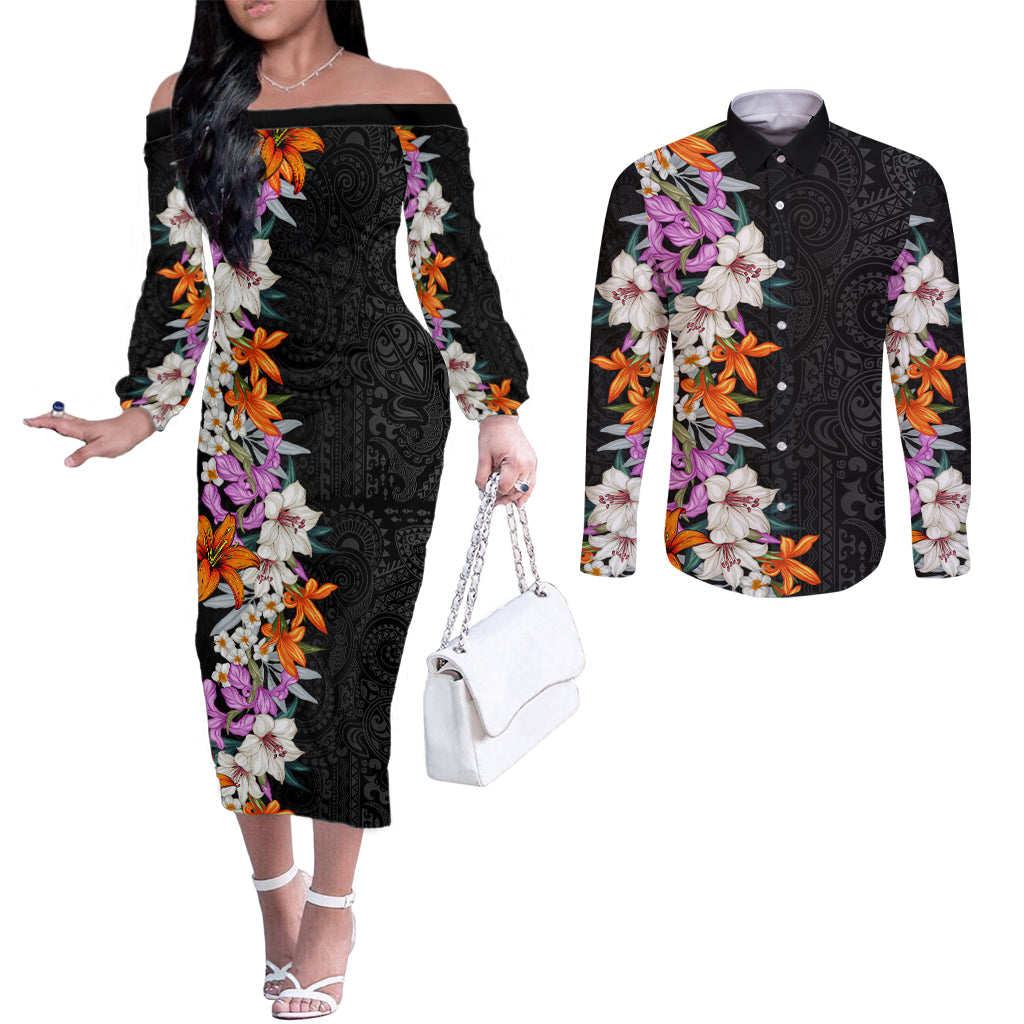 Hawaii Tropical Leaves and Flowers Couples Matching Off The Shoulder Long Sleeve Dress and Long Sleeve Button Shirt Tribal Polynesian Pattern LT03 Black - Polynesian Pride