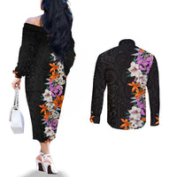 Hawaii Tropical Leaves and Flowers Couples Matching Off The Shoulder Long Sleeve Dress and Long Sleeve Button Shirt Tribal Polynesian Pattern LT03 - Polynesian Pride