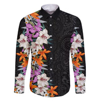 Hawaii Tropical Leaves and Flowers Family Matching Long Sleeve Bodycon Dress and Hawaiian Shirt Tribal Polynesian Pattern LT03 Dad's Shirt - Long Sleeve Black - Polynesian Pride