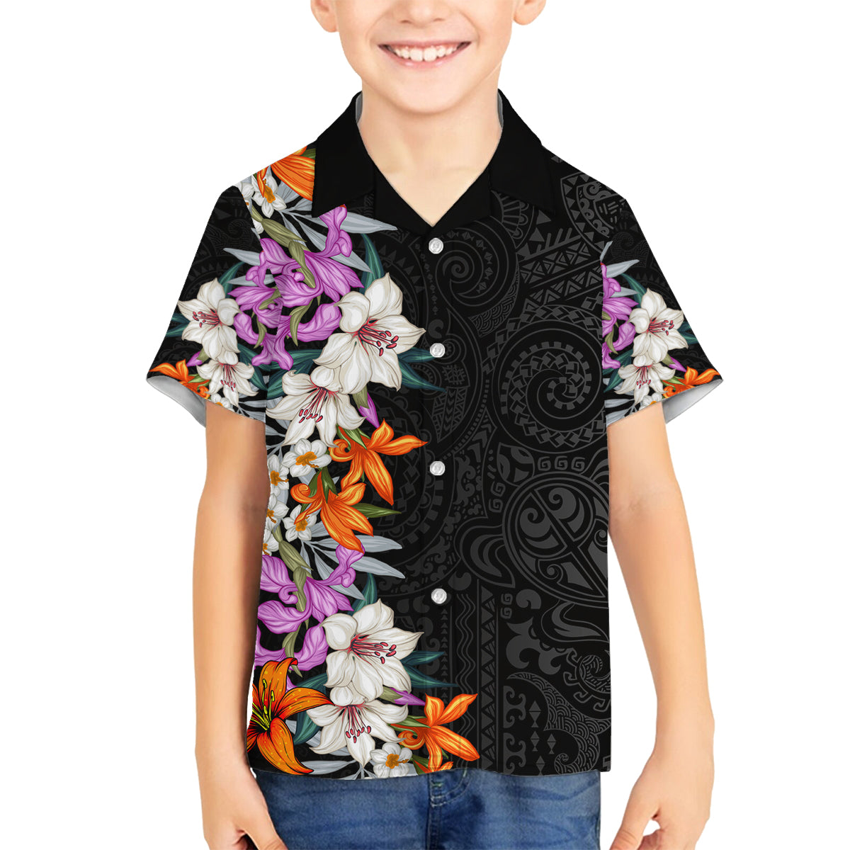 Hawaii Tropical Leaves and Flowers Family Matching Long Sleeve Bodycon Dress and Hawaiian Shirt Tribal Polynesian Pattern LT03 Son's Shirt Black - Polynesian Pride