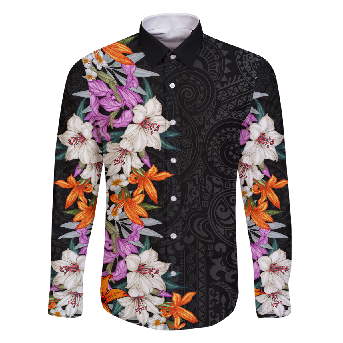 Hawaii Tropical Leaves and Flowers Family Matching Tank Maxi Dress and Hawaiian Shirt Tribal Polynesian Pattern LT03 Dad's Shirt - Long Sleeve Black - Polynesian Pride