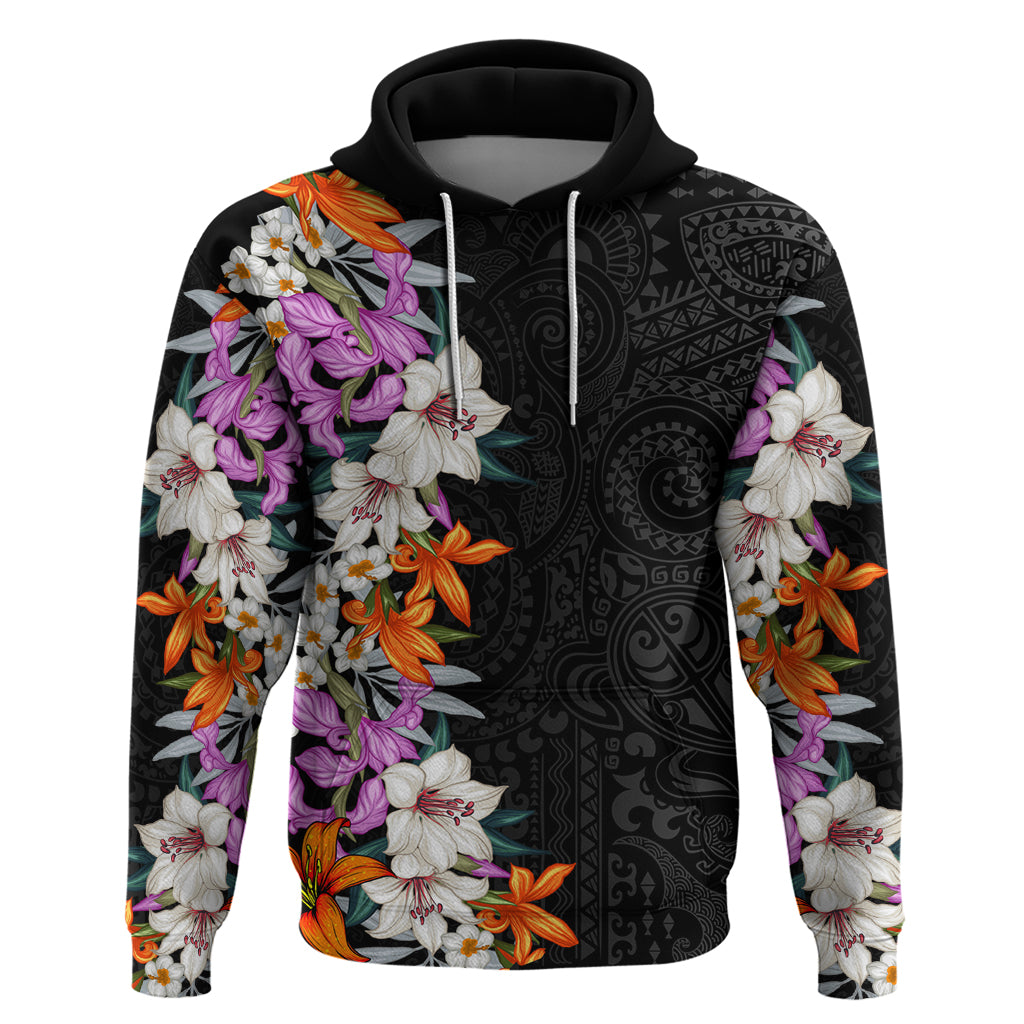 Hawaii Tropical Leaves and Flowers Hoodie Tribal Polynesian Pattern LT03 Pullover Hoodie Black - Polynesian Pride