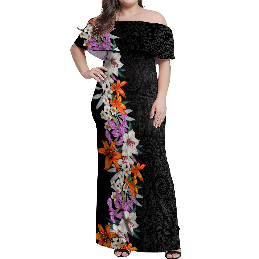 Hawaii Tropical Leaves and Flowers Off Shoulder Maxi Dress Tribal Polynesian Pattern LT03 Women Black - Polynesian Pride