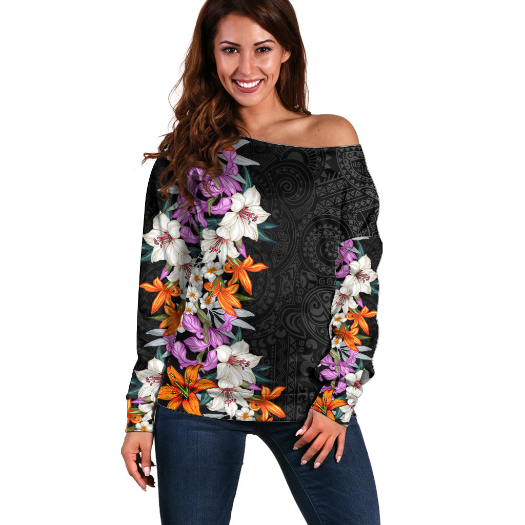 Hawaii Tropical Leaves and Flowers Off Shoulder Sweater Tribal Polynesian Pattern LT03 Women Black - Polynesian Pride