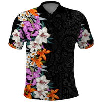 Hawaii Tropical Leaves and Flowers Polo Shirt Tribal Polynesian Pattern LT03 Black - Polynesian Pride