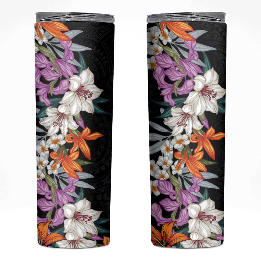 Hawaii Tropical Leaves and Flowers Skinny Tumbler Tribal Polynesian Pattern