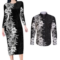 Hawaii Tropical Leaves and Flowers Couples Matching Long Sleeve Bodycon Dress and Long Sleeve Button Shirt Tribal Polynesian Pattern Black White Style LT03 Black - Polynesian Pride