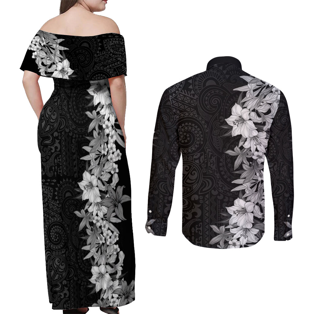 Hawaii Tropical Leaves and Flowers Couples Matching Off Shoulder Maxi Dress and Long Sleeve Button Shirt Tribal Polynesian Pattern Black White Style LT03 - Polynesian Pride