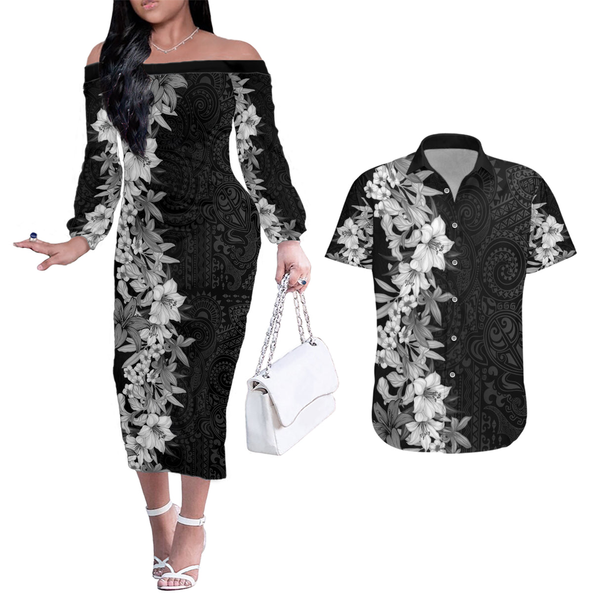 Hawaii Tropical Leaves and Flowers Couples Matching Off The Shoulder Long Sleeve Dress and Hawaiian Shirt Tribal Polynesian Pattern Black White Style LT03 Black - Polynesian Pride