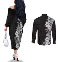 Hawaii Tropical Leaves and Flowers Couples Matching Off The Shoulder Long Sleeve Dress and Long Sleeve Button Shirt Tribal Polynesian Pattern Black White Style LT03 - Polynesian Pride