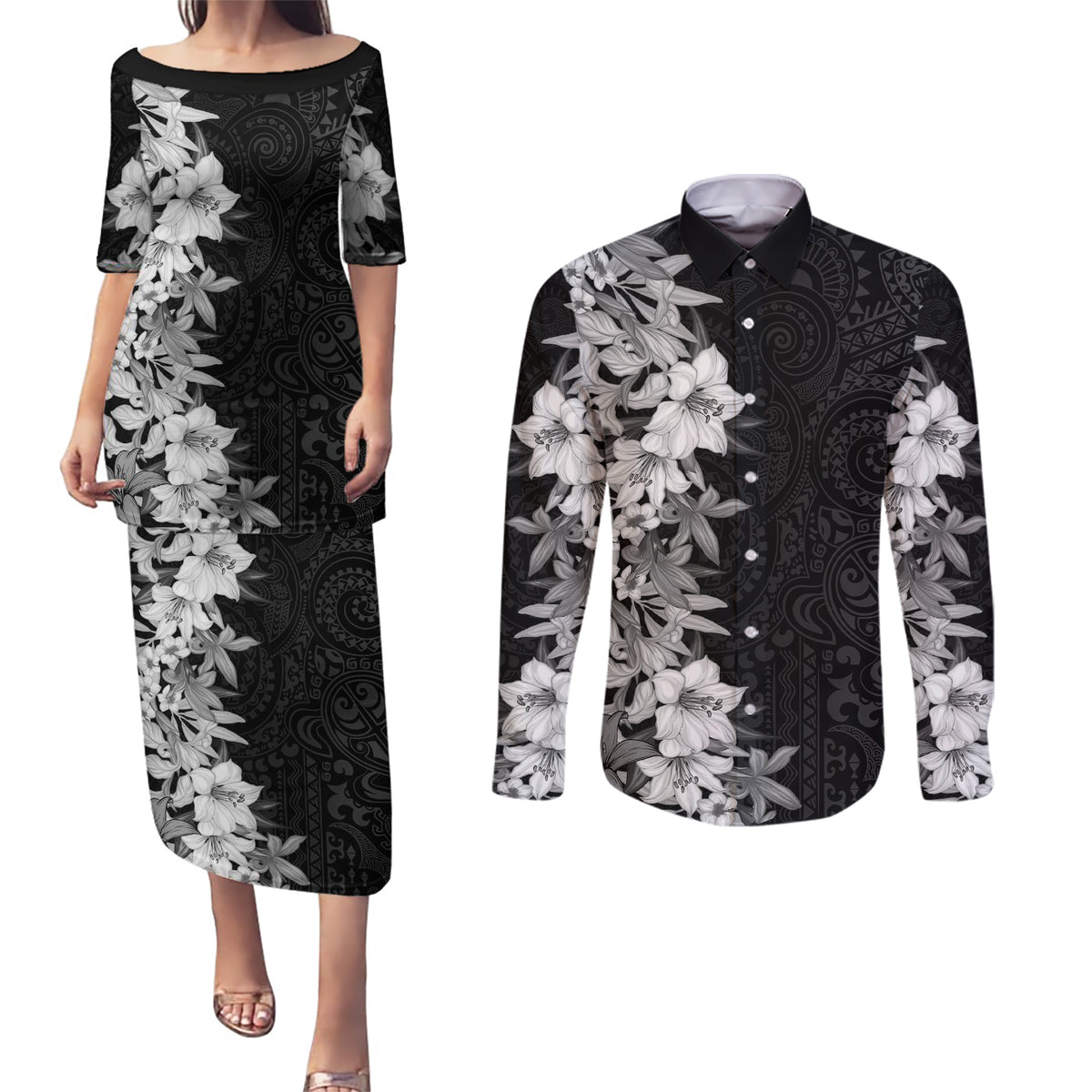 Hawaii Tropical Leaves and Flowers Couples Matching Puletasi and Long Sleeve Button Shirt Tribal Polynesian Pattern Black White Style LT03 Black - Polynesian Pride