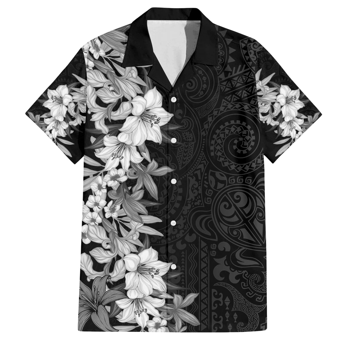 Hawaii Tropical Leaves and Flowers Family Matching Long Sleeve Bodycon Dress and Hawaiian Shirt Tribal Polynesian Pattern Black White Style LT03 Dad's Shirt - Short Sleeve Black - Polynesian Pride