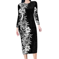 Hawaii Tropical Leaves and Flowers Family Matching Long Sleeve Bodycon Dress and Hawaiian Shirt Tribal Polynesian Pattern Black White Style LT03 Mom's Dress Black - Polynesian Pride