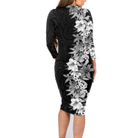 Hawaii Tropical Leaves and Flowers Family Matching Long Sleeve Bodycon Dress and Hawaiian Shirt Tribal Polynesian Pattern Black White Style LT03 - Polynesian Pride
