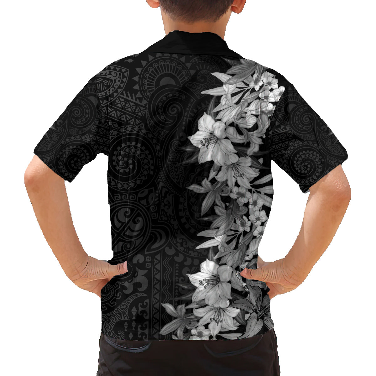 Hawaii Tropical Leaves and Flowers Family Matching Off Shoulder Long Sleeve Dress and Hawaiian Shirt Tribal Polynesian Pattern Black White Style LT03 - Polynesian Pride