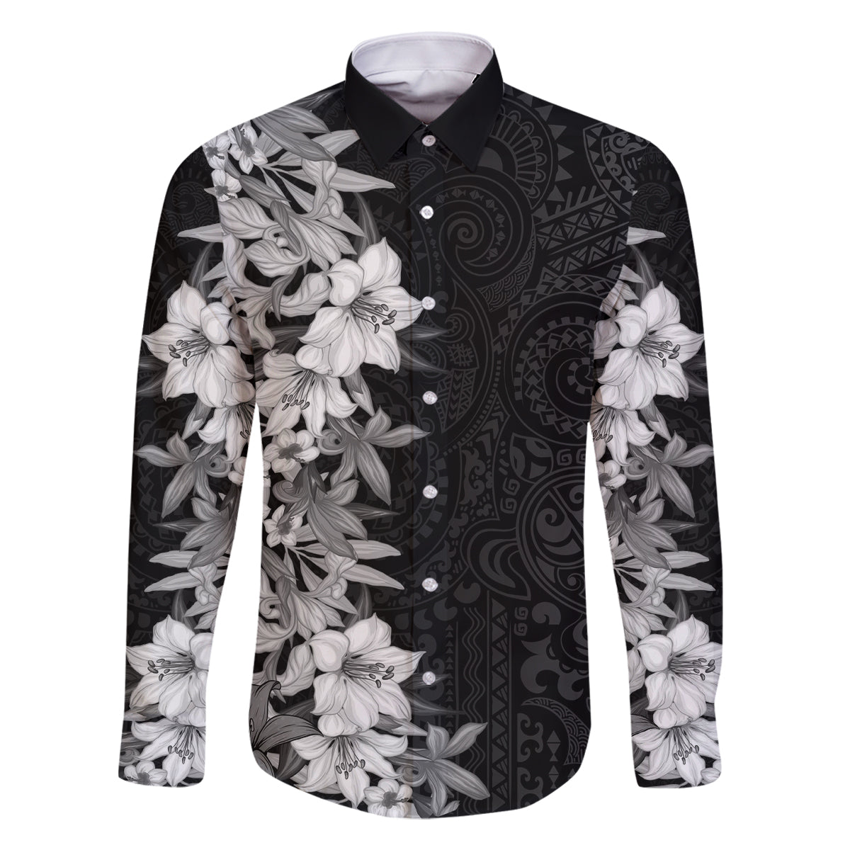 Hawaii Tropical Leaves and Flowers Family Matching Off Shoulder Long Sleeve Dress and Hawaiian Shirt Tribal Polynesian Pattern Black White Style LT03 Dad's Shirt - Long Sleeve Black - Polynesian Pride