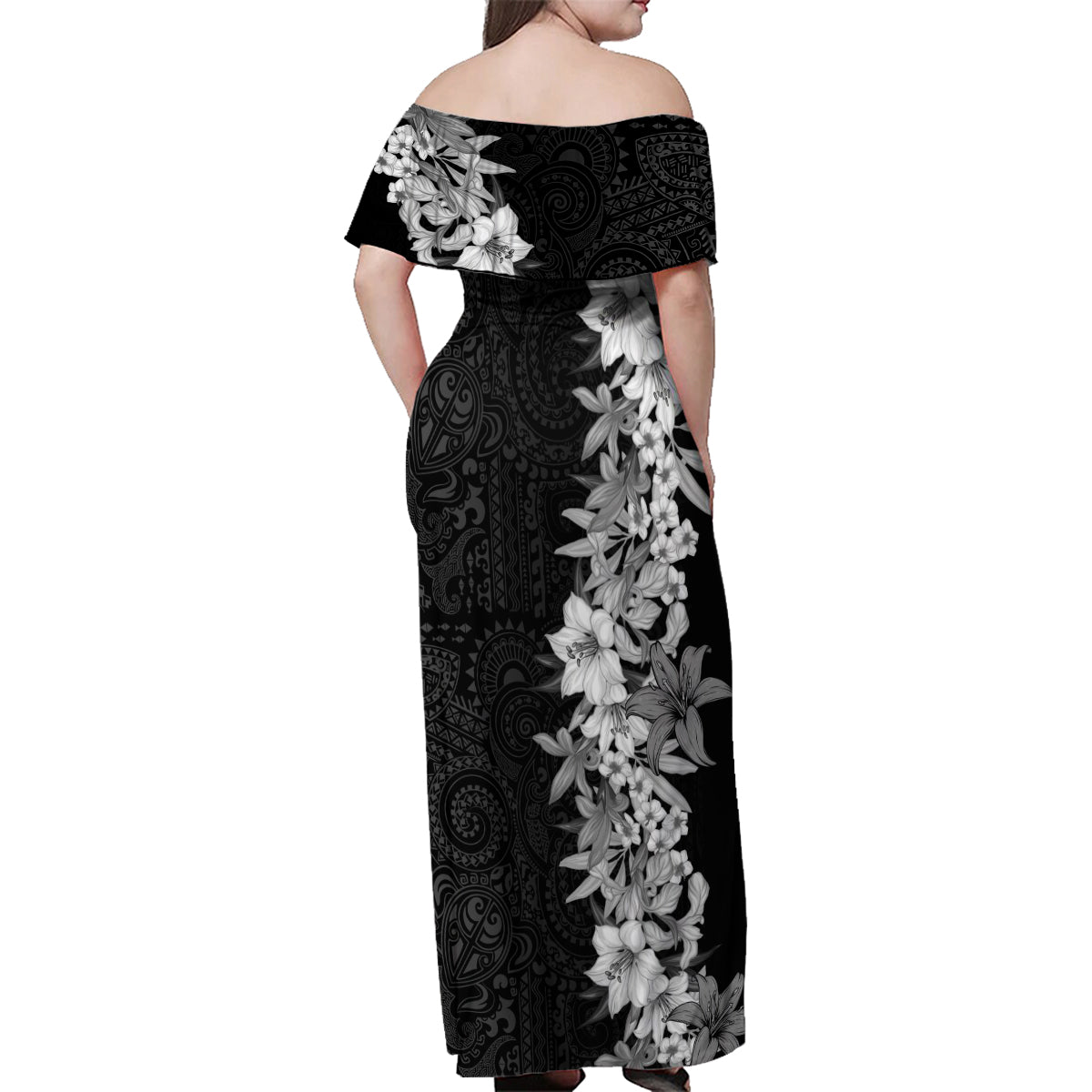 Hawaii Tropical Leaves and Flowers Family Matching Off Shoulder Maxi Dress and Hawaiian Shirt Tribal Polynesian Pattern Black White Style LT03 - Polynesian Pride