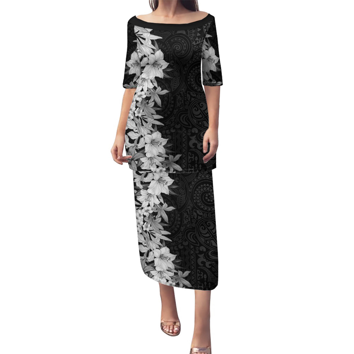 Hawaii Tropical Leaves and Flowers Family Matching Puletasi and Hawaiian Shirt Tribal Polynesian Pattern Black White Style LT03 Mom's Dress Black - Polynesian Pride