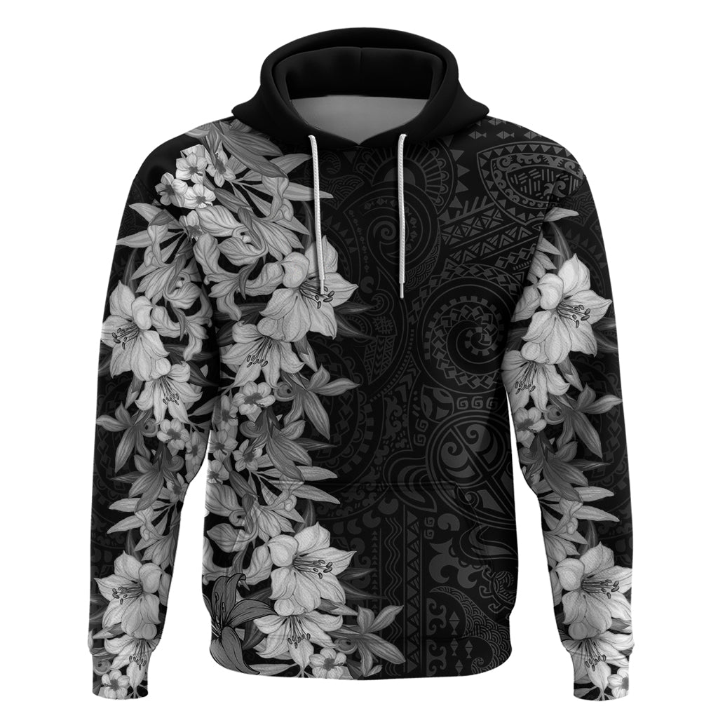 Hawaii Tropical Leaves and Flowers Hoodie Tribal Polynesian Pattern Black White Style LT03 Pullover Hoodie Black - Polynesian Pride