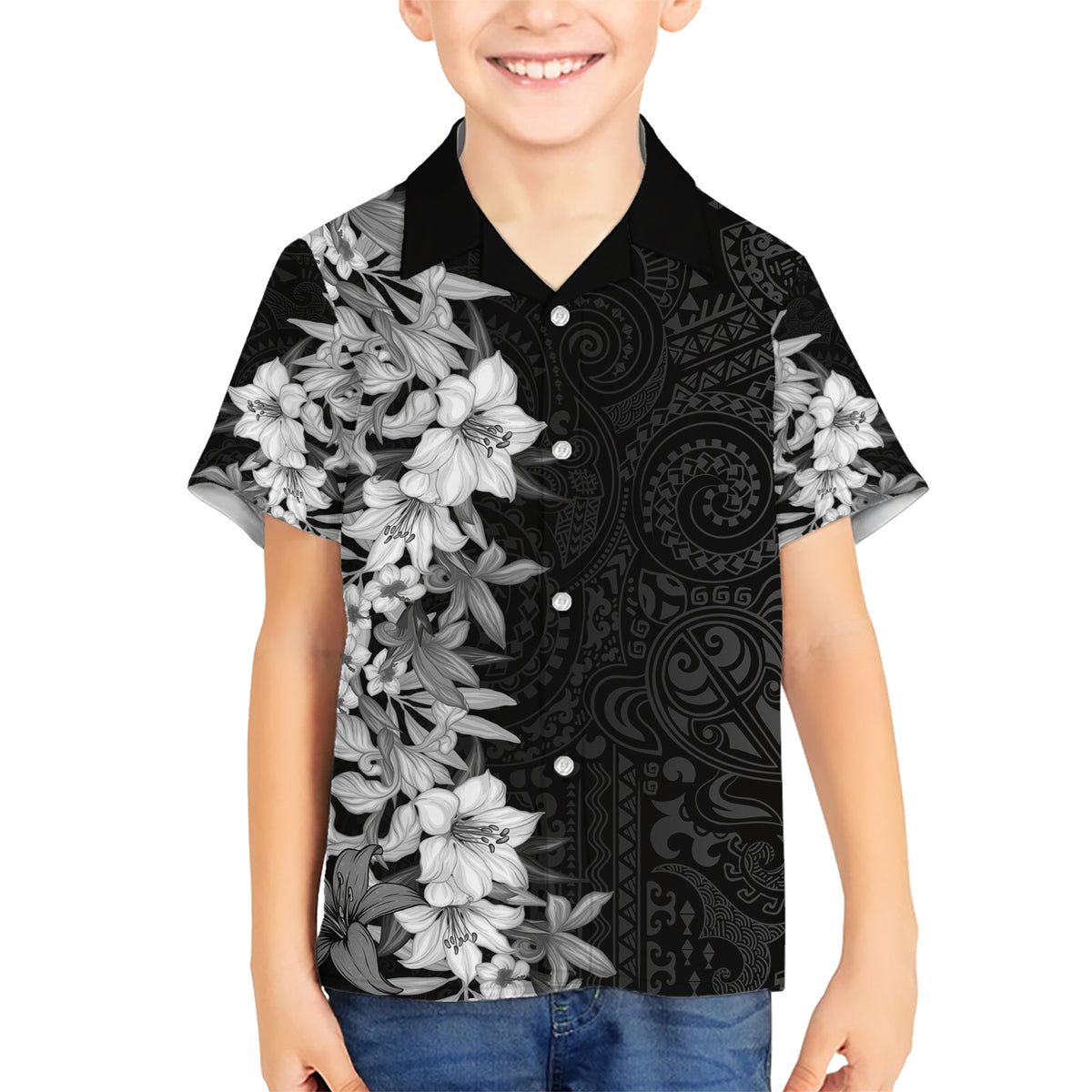 Hawaii Tropical Leaves and Flowers Kid Hawaiian Shirt Tribal Polynesian Pattern Black White Style LT03 Kid Black - Polynesian Pride