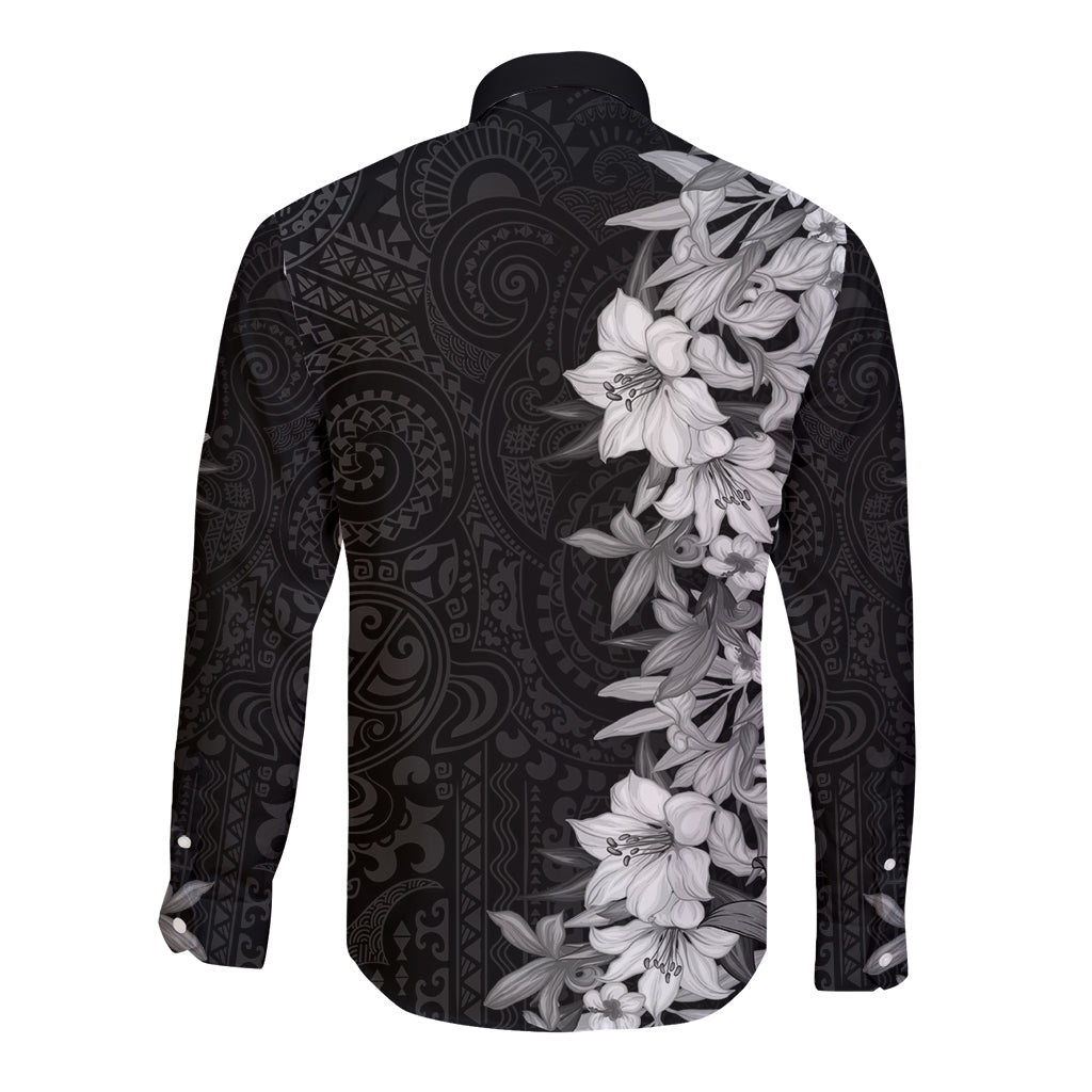 Hawaii Tropical Leaves and Flowers Long Sleeve Button Shirt Tribal Polynesian Pattern Black White Style LT03 - Polynesian Pride