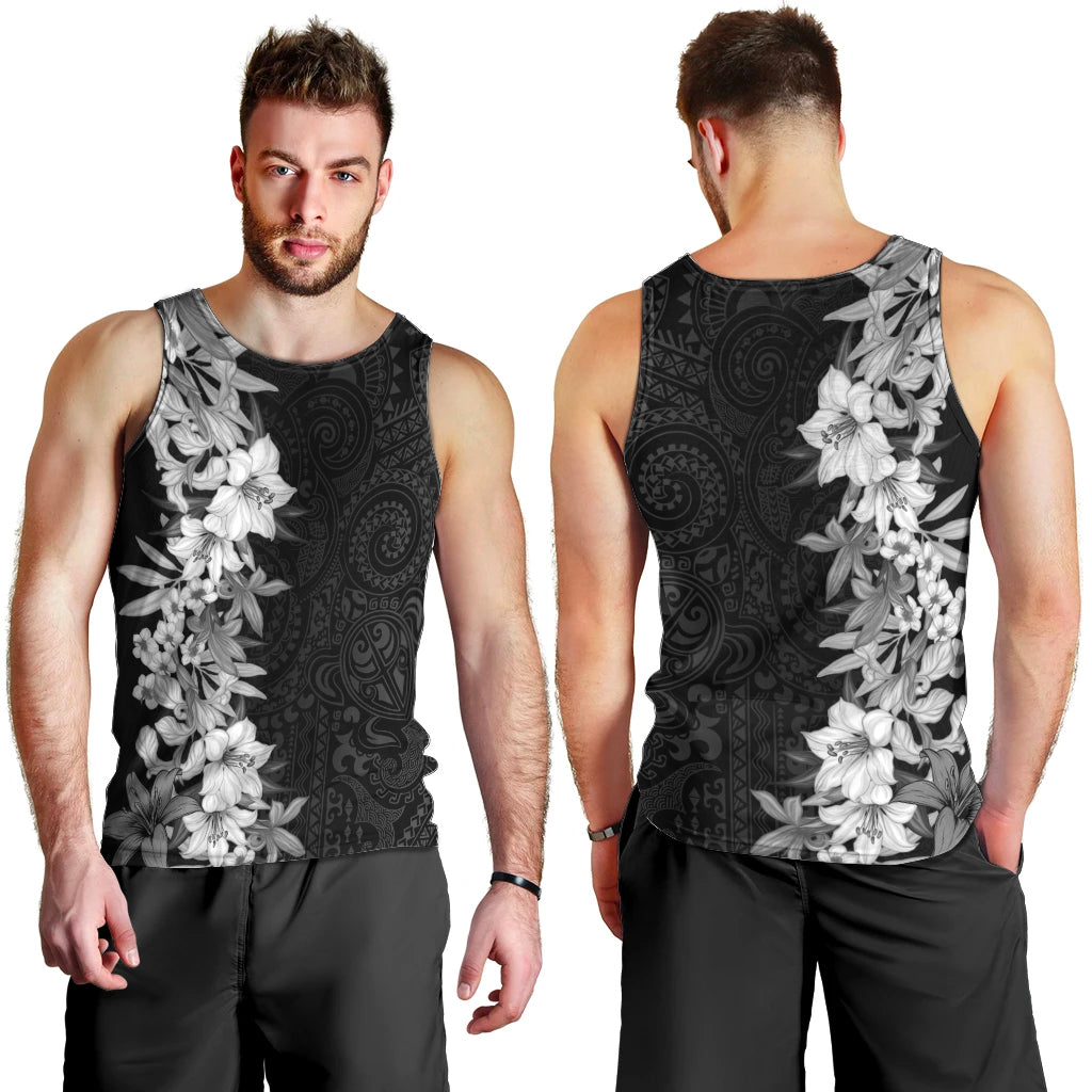 Hawaii Tropical Leaves and Flowers Men Tank Top Tribal Polynesian Pattern Black White Style LT03 - Polynesian Pride