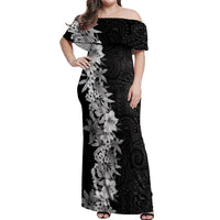 Hawaii Tropical Leaves and Flowers Off Shoulder Maxi Dress Tribal Polynesian Pattern Black White Style LT03 Women Black - Polynesian Pride