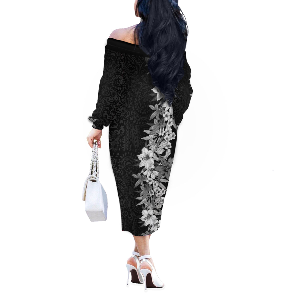 Hawaii Tropical Leaves and Flowers Off The Shoulder Long Sleeve Dress Tribal Polynesian Pattern Black White Style LT03 - Polynesian Pride