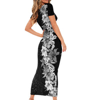 Hawaii Tropical Leaves and Flowers Short Sleeve Bodycon Dress Tribal Polynesian Pattern Black White Style LT03 - Polynesian Pride