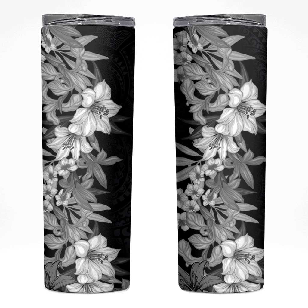 Hawaii Tropical Leaves and Flowers Skinny Tumbler Tribal Polynesian Pattern Black White Style