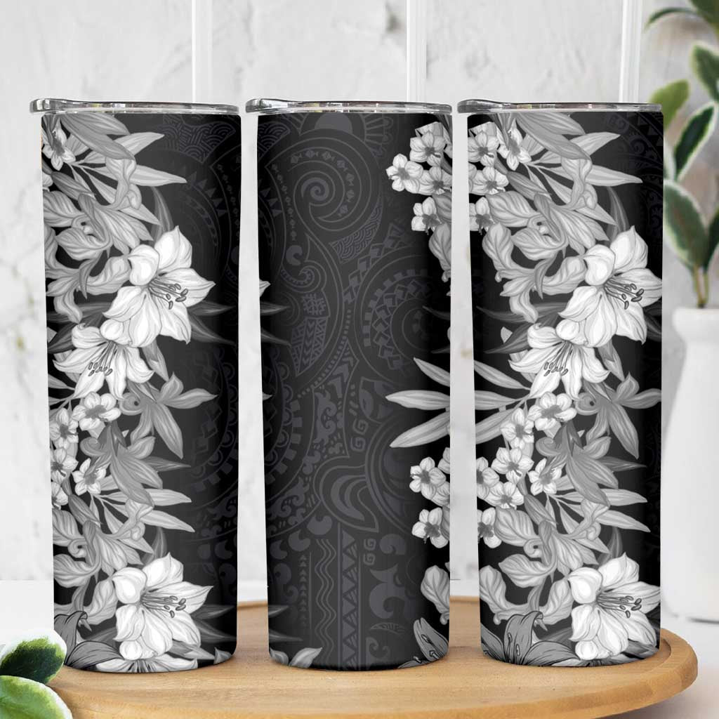 Hawaii Tropical Leaves and Flowers Skinny Tumbler Tribal Polynesian Pattern Black White Style