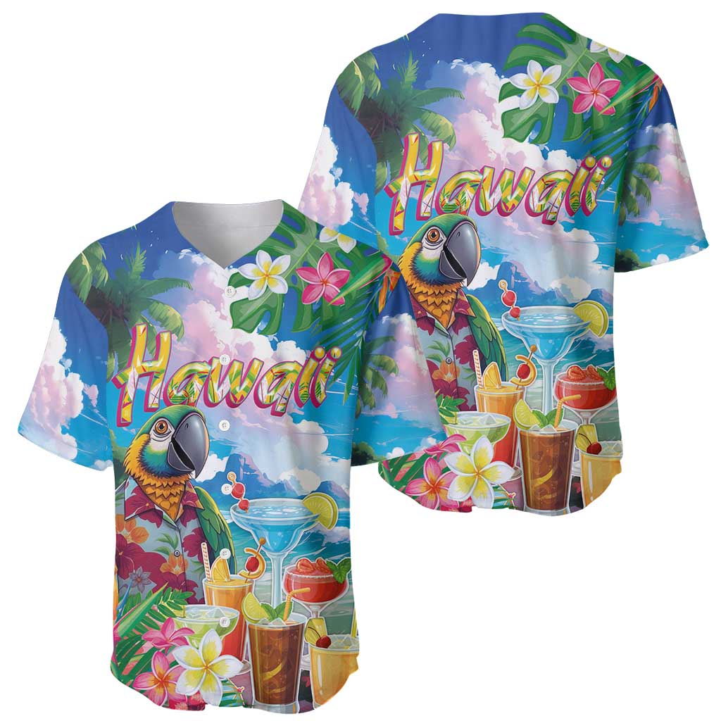 Hawaii Cocktails Baseball Jersey Parrot with Cute Beach Landscape and Tropical Plants