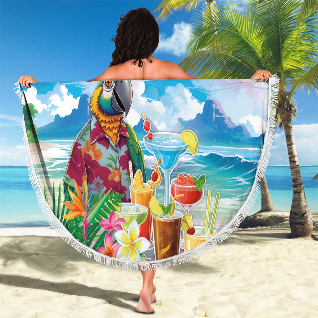 Hawaii Cocktails Beach Blanket Parrot with Cute Beach Landscape and Tropical Plants