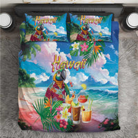 Hawaii Cocktails Bedding Set Parrot with Cute Beach Landscape and Tropical Plants