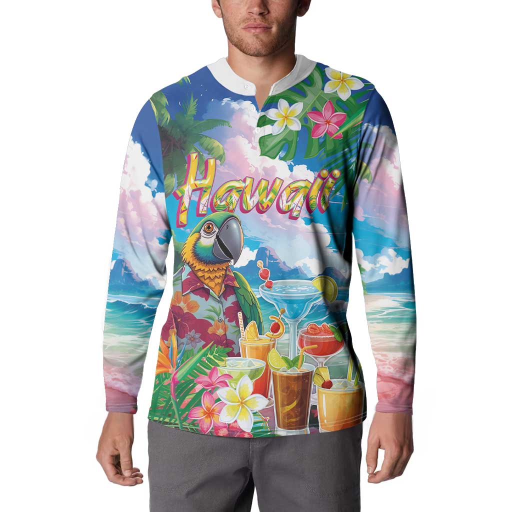 Hawaii Cocktails Button Sweatshirt Parrot with Cute Beach Landscape and Tropical Plants