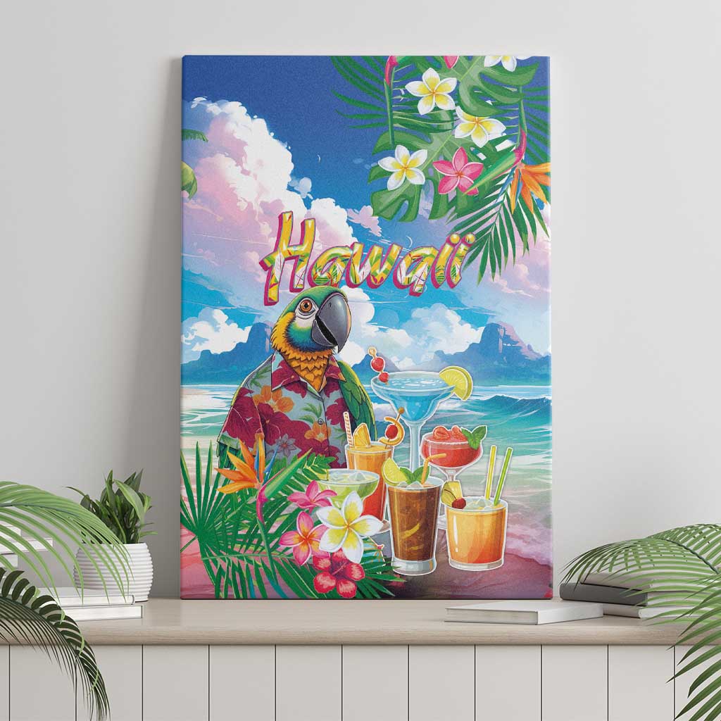 Hawaii Cocktails Canvas Wall Art Parrot with Cute Beach Landscape and Tropical Plants